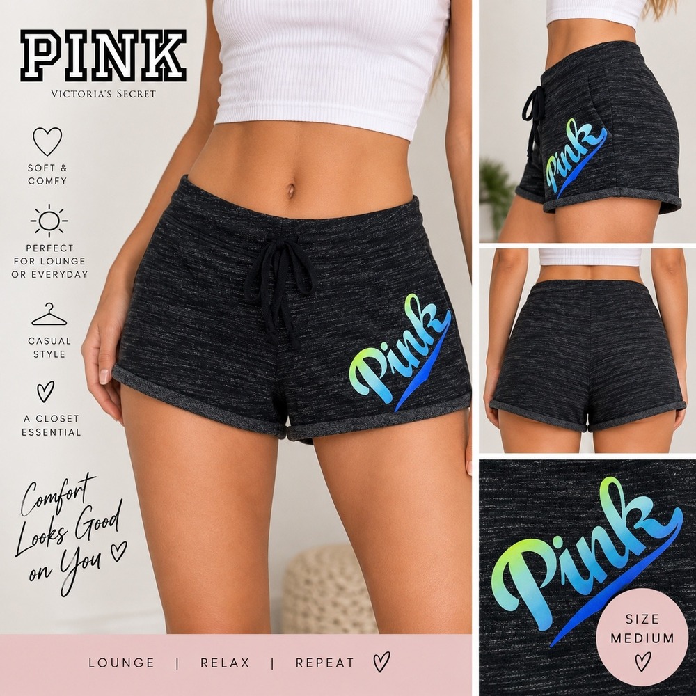 PINK Victoria's Secret Gray Heathered Neon Logo Lounge Shorts Womens Medium